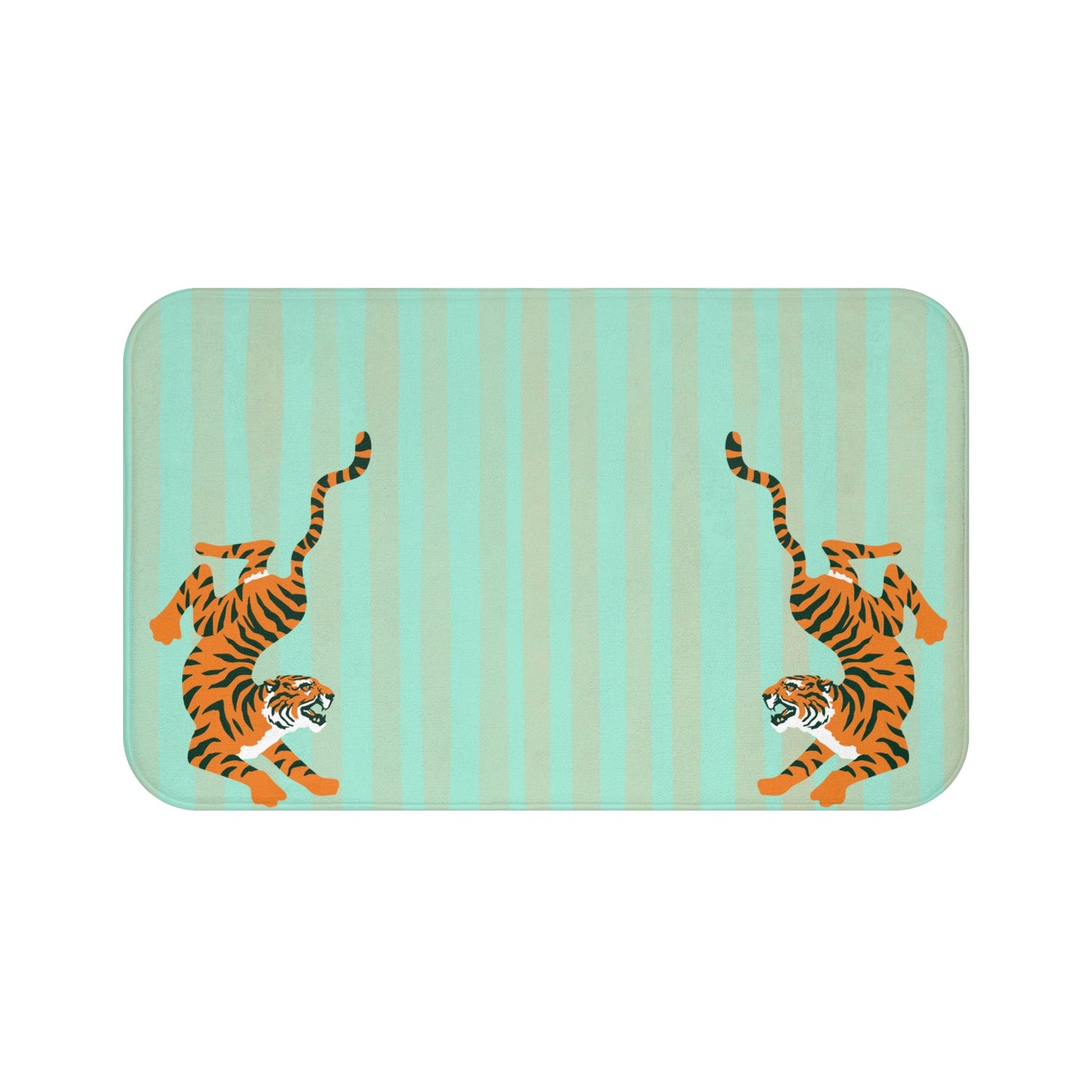 Fiercely Feminine Bath Mat - Pastel Turquoise Striped  Rug with Tigers