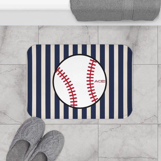 Baseball Bath Mat – Blue-Grey Striped Soft Non-Slip Bathroom Rug